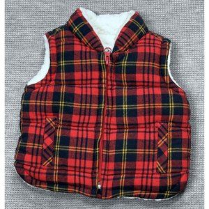 Old Navy Baby Flannel Quilted Vest Red Black Plaid Sherpa Lined Full Zip 0-3 Mo